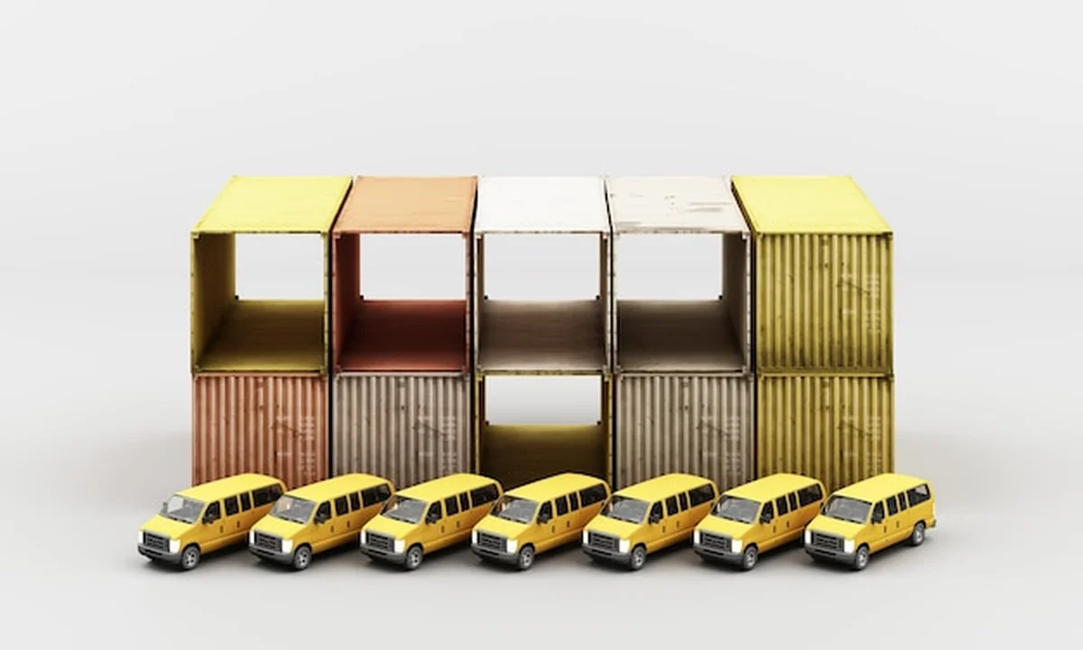 Światowa koncepcja transportu kontenerów towarowych z ciężarówką i furgonetką w 3D