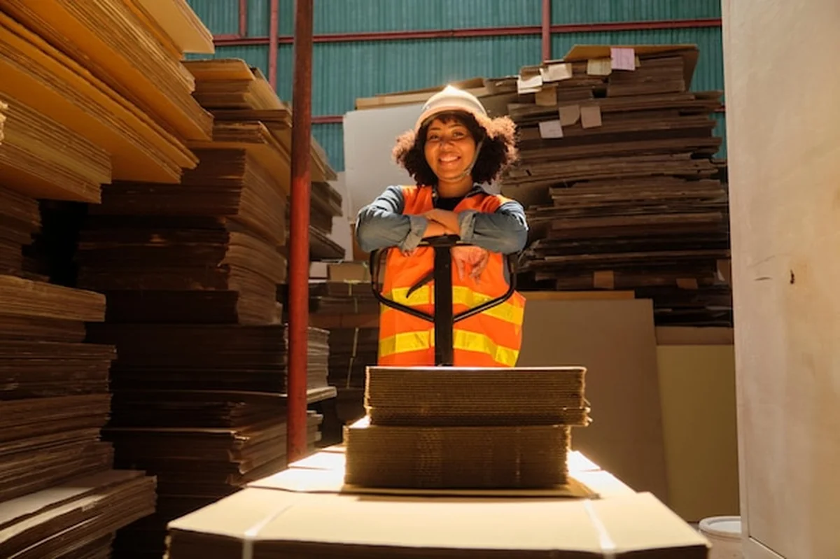 Pracownica ciągnie wózki z kartonem