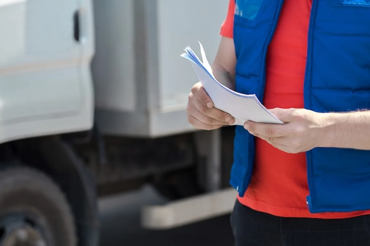 Kierowca w mundurze piszący notatki w dokumencie przy białej ciężarówce