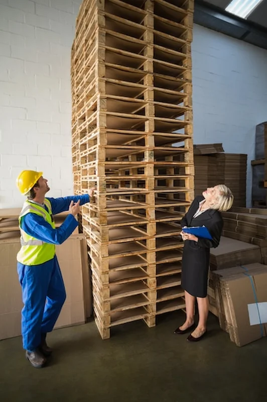 Pracownik magazynu i kierownik szukają stosu palet