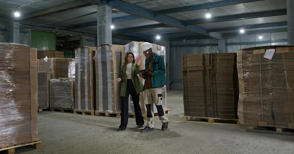 Pracownicy w fabryce papierniczej