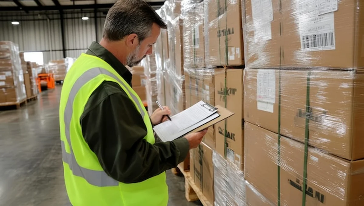Pracownik magazynu kontroluje zapakowane pudełka podczas inspekcji inwentaryzacji