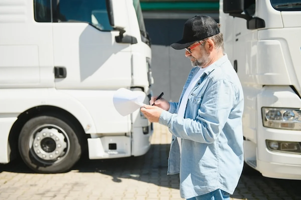 Kierowca ciężarówki sprawdza listę przesyłek na parkingu magazynu