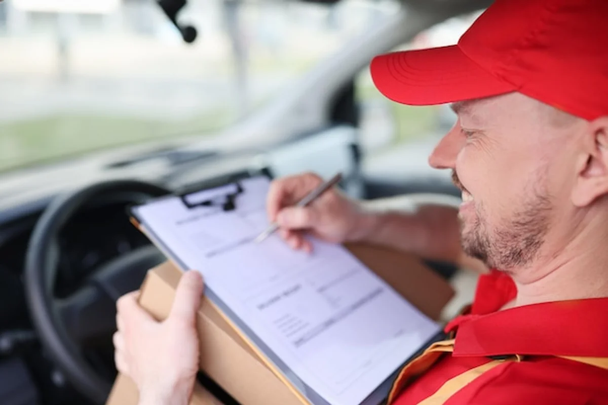 Kierowca kuriera w samochodzie wypełnia pokwitowania dostawy