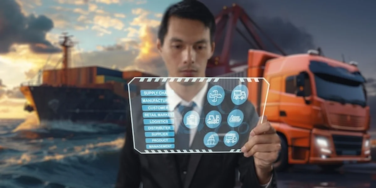 Statek z kontenerami i ciężarówki do transportu morskiego w przedsiębiorstwie logistycznym